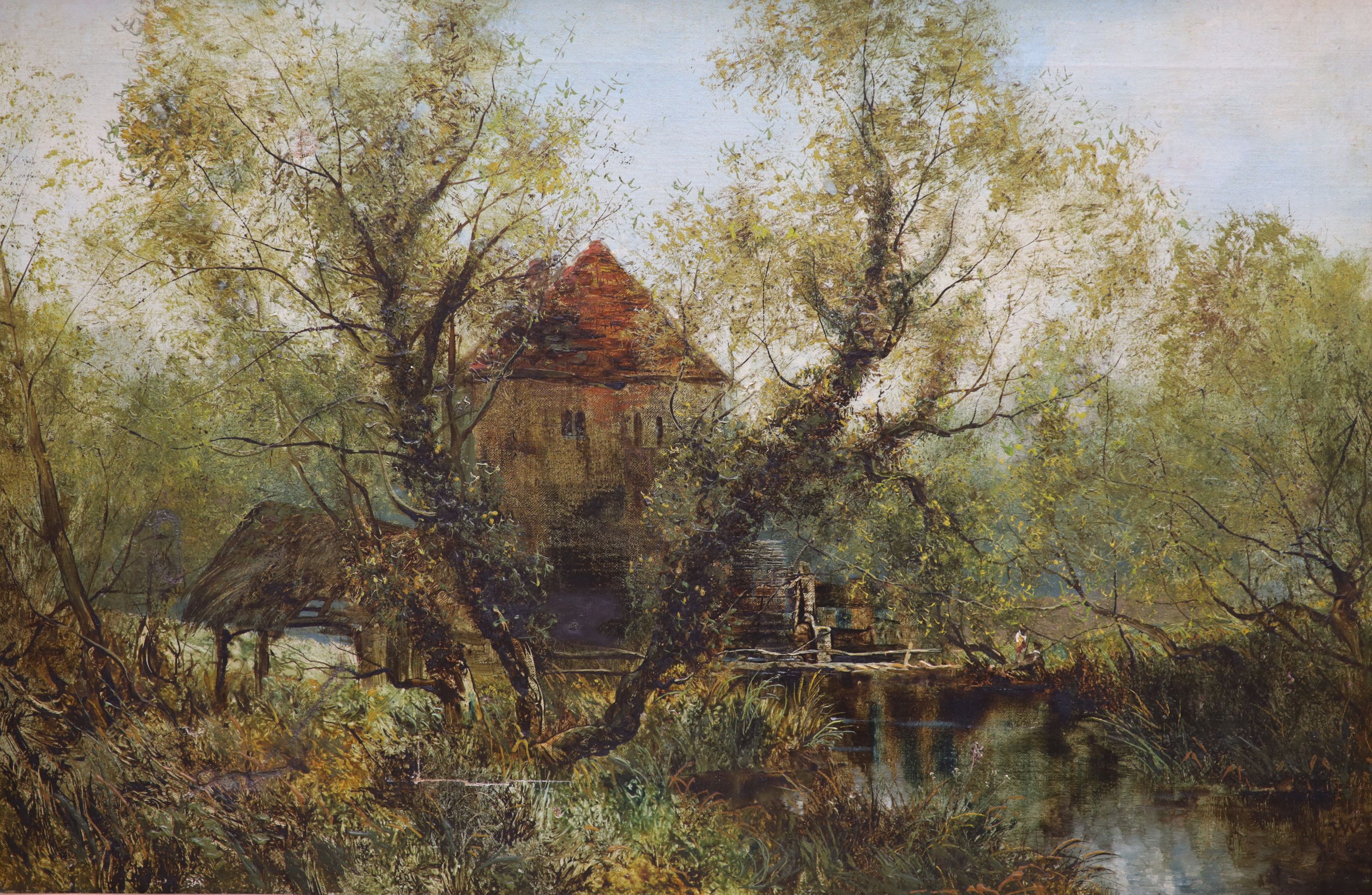 English School c.1900, oil on canvas, Study of a watermill, 50 x 75cm and an oil of figures in a landscape